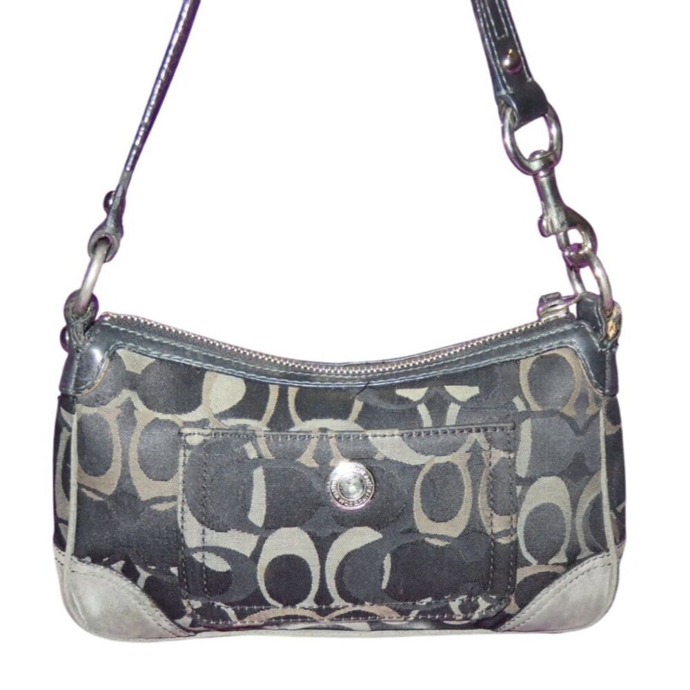 COACH 2005 Chelsea Black & Gray Signature Canvas & Suede Demi Sufflette Baguette